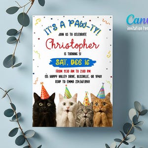 May include: A white invitation card with the text "It's a Paw-ty!" and "Join us to celebrate Christopher is turning 5!" Four cats wearing party hats are at the bottom. The invitation is for a party on December 16.