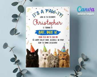 May include: A white invitation card with the text "It's a Paw-ty!" and "Join us to celebrate Christopher is turning 5!" Four cats wearing party hats are at the bottom. The invitation is for a party on December 16.
