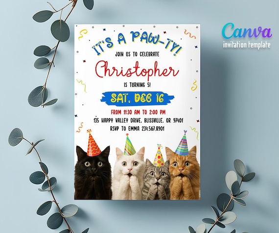 Cat Birthday Invitation, Kitty Party Invite, Printable Kitten Birthday Card, Cat Birthday Digital Evite, Editable Pusheen Cat Template