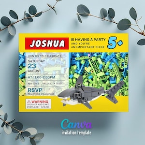 May include: A yellow invitation card with the name "JOSHUA" in red and white block letters. The card features a shark made of toy blocks, with text indicating a party on August 23rd. The age range is 5+.