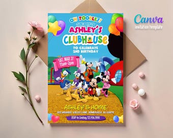 May include: A colorful invitation for a child's 2nd birthday party. The invitation features Mickey Mouse and his friends from the Disney show "Mickey Mouse Clubhouse". The invitation is decorated with balloons and a slide. The text on the invitation reads "Oh Toodles! Slide down to Ashley's Clubhouse to celebrate 2nd birthday. Sat. Mar 27 11am-2pm. Ashley's Home 202 Highheel Valley Lane, Somerville, NJ 08876. RSVP to Lindsey 123.456.7890."