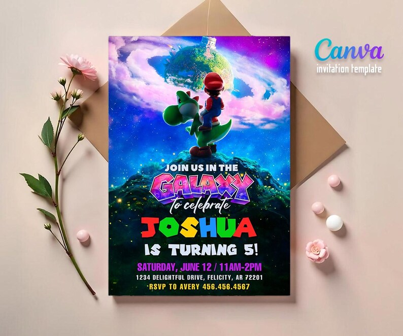 Invitación de cumpleaños de Super Mario Galaxy, fiesta de la película Mario 2, invitaciones de fiesta impresas imagen 4