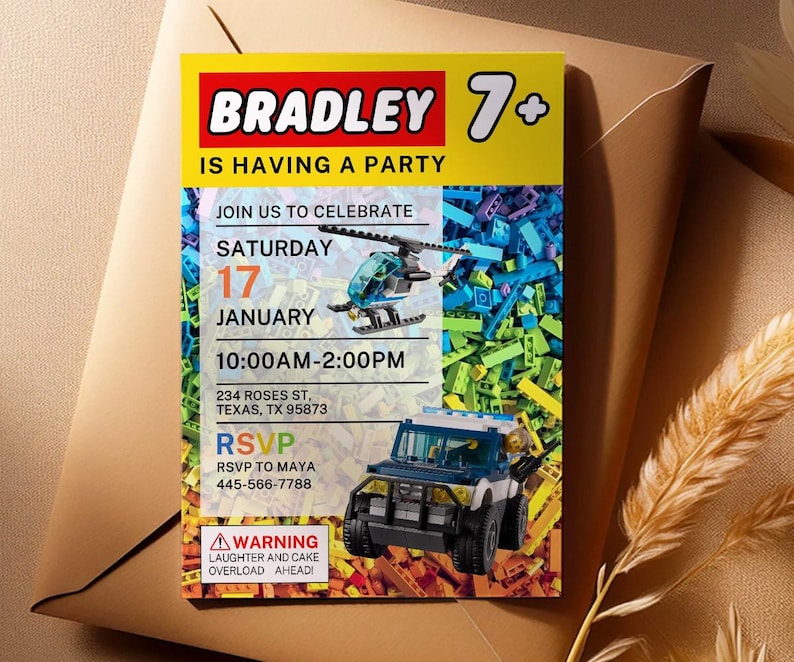 May include: A colorful birthday party invitation with the name "Bradley" and the number "7+". The invitation includes a helicopter and a police truck made of toy blocks. The text reads "Join us to celebrate Saturday 17 January 10:00AM-2:00PM".
