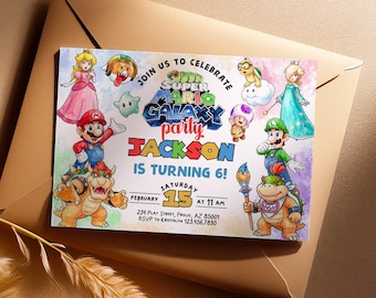 Super Mario galaxy birthday invitation, mario 2 movie party, printed party invitations