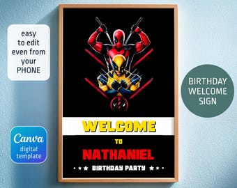 Letrero de bienvenida de cumpleaños de Deadpool y Wolverine, bienvenida de Deadpool, póster de superhéroe imprimible, plantilla de invitación de cumpleaños editable