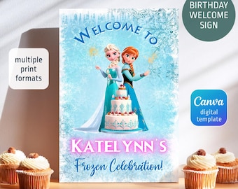 Znak powitalny księżniczki Elsy, szablon plakatu Frozen Anna, urodziny dziewczyny, znak urodzinowy do wydrukowania, znak powitalny Frozen, edytowalny plakat zimowy