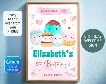 Squishy welcome in, Squish welcome sign, printable editable Squishmallow girl Party decoration template,Squishy party welcome template