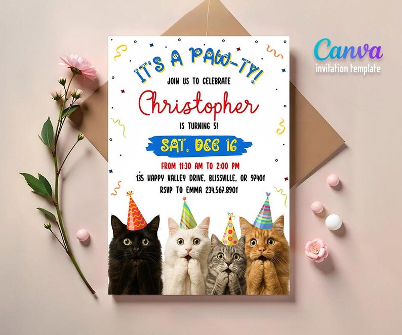 May include: A white invitation card with the text "IT'S A PAW-TY!" and "Christopher is turning 5!" features four cats wearing party hats. The invitation includes event details and RSVP information. The Canva template is on a light pink background.