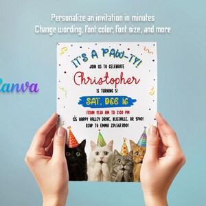 May include: A white invitation card with the text "IT'S A PAW-TY!" and "Christopher is turning 5!" features four cats wearing party hats. The invitation includes event details and the Canva logo.