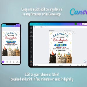 May include: A digital invitation for a cat-themed birthday party, shown on a smartphone and tablet. The invitation reads "It's a Paw-ty!" and includes the name "Christopher", with images of cats wearing party hats.