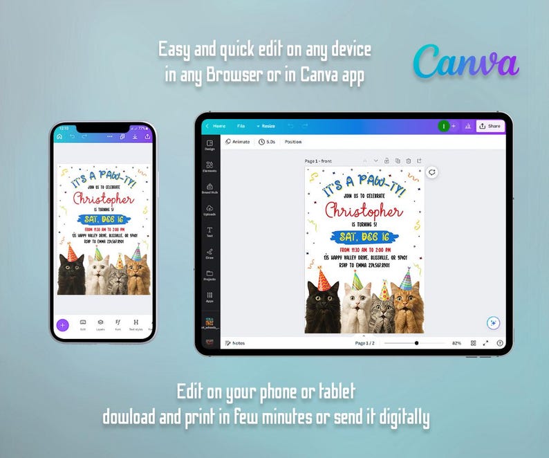 May include: A digital invitation for a cat-themed birthday party, shown on a smartphone and tablet. The invitation reads "It's a Paw-ty!" and includes the name "Christopher", with images of cats wearing party hats.