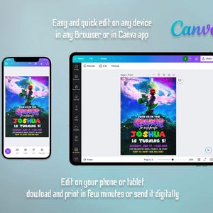Puede incluir: Una invitaci&oacute;n digital que se muestra en un tel&eacute;fono inteligente y una tableta. La invitaci&oacute;n presenta un tema de galaxia colorido con el texto "&iexcl;&Uacute;nete a nosotros en la Galaxia para celebrar que Joshua cumple 5 a&ntilde;os!" y el logotipo de Canva.