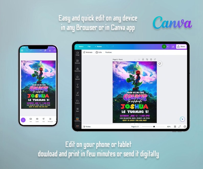 Puede incluir: Una invitaci&oacute;n digital que se muestra en un tel&eacute;fono inteligente y una tableta. La invitaci&oacute;n presenta un tema de galaxia colorido con el texto "&iexcl;&Uacute;nete a nosotros en la Galaxia para celebrar que Joshua cumple 5 a&ntilde;os!" y el logotipo de Canva.