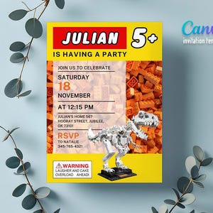 May include: A yellow invitation card with the name "JULIAN" and the number "5+" in red and white. The card includes party details, a white dinosaur model, and the text "WARNING LAUGHER AND CAKE OVERLOAD AHEAD!"