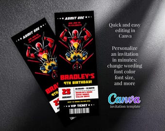 Invitación de cumpleaños editable de Deadpool y Wolverine, fiesta de superhéroes de Wolverine y Deadpool, invitación imprimible con boleto para fiesta de cine