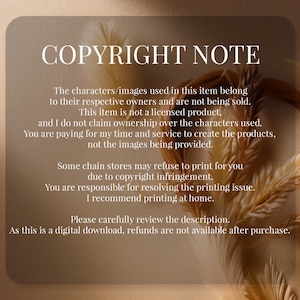 K&ouml;nnte beinhalten: Hinweis zum digitalen Download mit dem Text "COPYRIGHT NOTE" oben. Der Text erkl&auml;rt, dass der Artikel kein lizenziertes Produkt ist und der K&auml;ufer f&uuml;r die Zeit und den Service des Erstellers bezahlt. Der Hintergrund ist ein weiches Beige mit dekorativen Elementen.