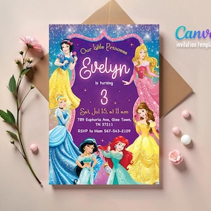 Verjaardagsuitnodiging prinses, bewerkbare uitnodigingssjabloon meisje, afdrukbare kasteeluitnodiging, once upon a time royal party, instant download