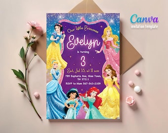 May include: Purple invitation with a sparkly background featuring Disney princesses Snow White, Cinderella, Belle, Ariel, and Aurora. The invitation is for a birthday party for a girl named Evelyn who is turning 3. The text on the invitation reads "Our Little Princess Evelyn is turning 3 Sat, Jul 15, at 11 am 789 Euphoria Ave, Glee Town, TN 37211 RSVP to Mom 567-543-2109"