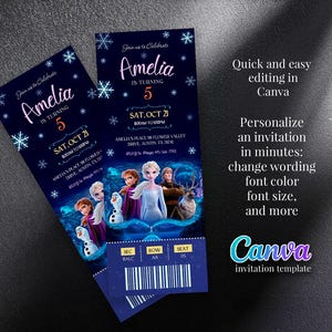 Druckbare Prinzessin Elsa Einladung, Frozen Anna Ticket Einladungsvorlage, Mädchen Geburtstag, Frozen Movie Party Einladung, editierbare Wintereinladung