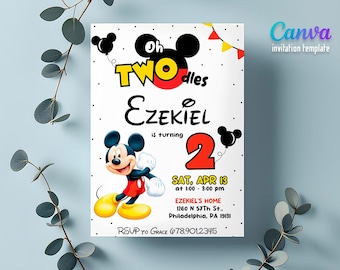 Invitación de cumpleaños imprimible y editable de Clubhouse, invitación de Mickey para dos años, invitación para dos años, invitación para fiesta de ratones, niño de segundo cumpleaños