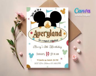 May include: A birthday party invitation featuring a cartoon Mickey Mouse head with a castle in the background. The invitation is for Avery's 5th birthday party at Averyland, with a date and time of January 19 at 11 am. The invitation has a vintage aesthetic with a brown, yellow, and blue color scheme.
