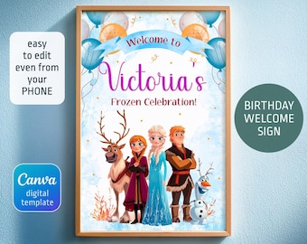 Znak powitalny księżniczki Elsy, szablon plakatu Frozen Anna, urodziny dziewczyny, znak urodzinowy do wydrukowania, znak powitalny Frozen, edytowalny plakat zimowy