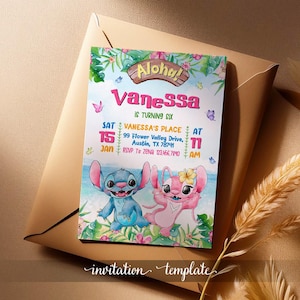 Modèle imprimable d'invitation d'anniversaire de point, invitation d'anniversaire de filles de point modifiable, invitation d'anniversaire d'ange de Lilo Stitch