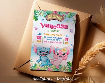Printable Stitch Birthday Invitation Template, Editable Stitch Girls Birthday Invitation, Lilo Stitch Angel Birthday Invite