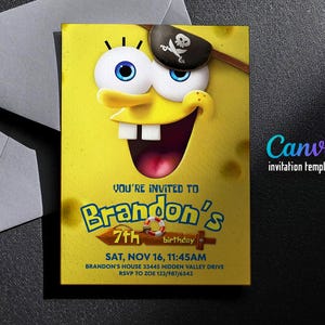 K&ouml;nnte beinhalten: Eine gelbe Einladungskarte mit einer Cartoonfigur mit Augenklappe. Auf der Karte steht "Du bist eingeladen zu Brandons 7. Geburtstag" mit Veranstaltungsdetails. Die Canva-Einladungsvorlage ist sichtbar.