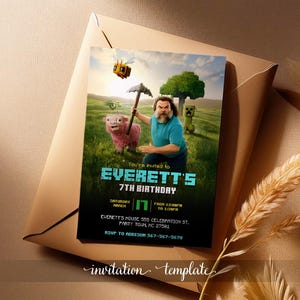 Druckbare editierbare Einladung, Videospiel-Party, Gamer-Geburtstagseinladung, Crafter Kinokarte, Mine Thema Mädchen Jungen Geburtstag, digitale Vorlage