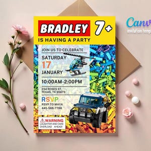 May include: A colorful invitation template with the text "BRADLEY IS HAVING A PARTY". The invitation includes a helicopter and a police truck made of toy blocks. The date is January 17th, with the time from 10:00 AM to 2:00 PM.