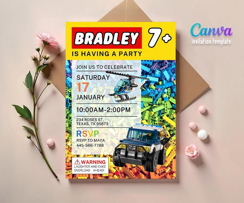 May include: A colorful invitation template with the text "BRADLEY IS HAVING A PARTY". The invitation includes a helicopter and a police truck made of toy blocks. The date is January 17th, with the time from 10:00 AM to 2:00 PM.