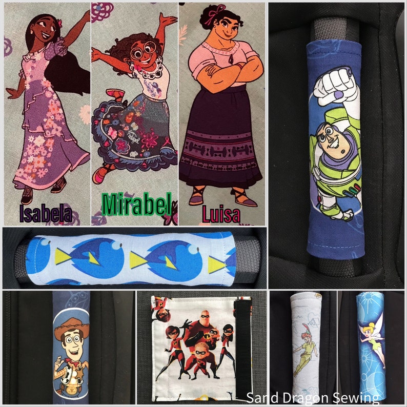 May include: A set of colorful fabric car seat handle covers featuring characters from popular Disney and Pixar movies, including Mirabel, Luisa, and Isabela from Encanto, Dory from Finding Nemo, Buzz Lightyear from Toy Story, and characters from The Incredibles.  The covers are made by Sand Dragon Sewing.