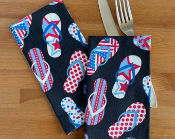 Patriotic Flip Flops Cloth Napkin - Set of 2. Red, White & Blue