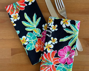 Tropical Flowers on black, Cloth Napkins - Set of 2