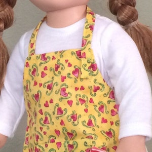 3-piece Chef Set: Pink Hearts (on Yellow) reversible Apron, Oven Mitt & White Chef Hat- 18&quot; Doll (American Girl or equivalent)