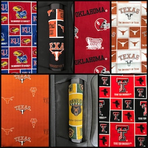 May include: A collection of fabric-covered items featuring college team logos and colors. Designs include the University of Kansas, Oklahoma, Texas, and Texas Tech University. The items are in a black case.