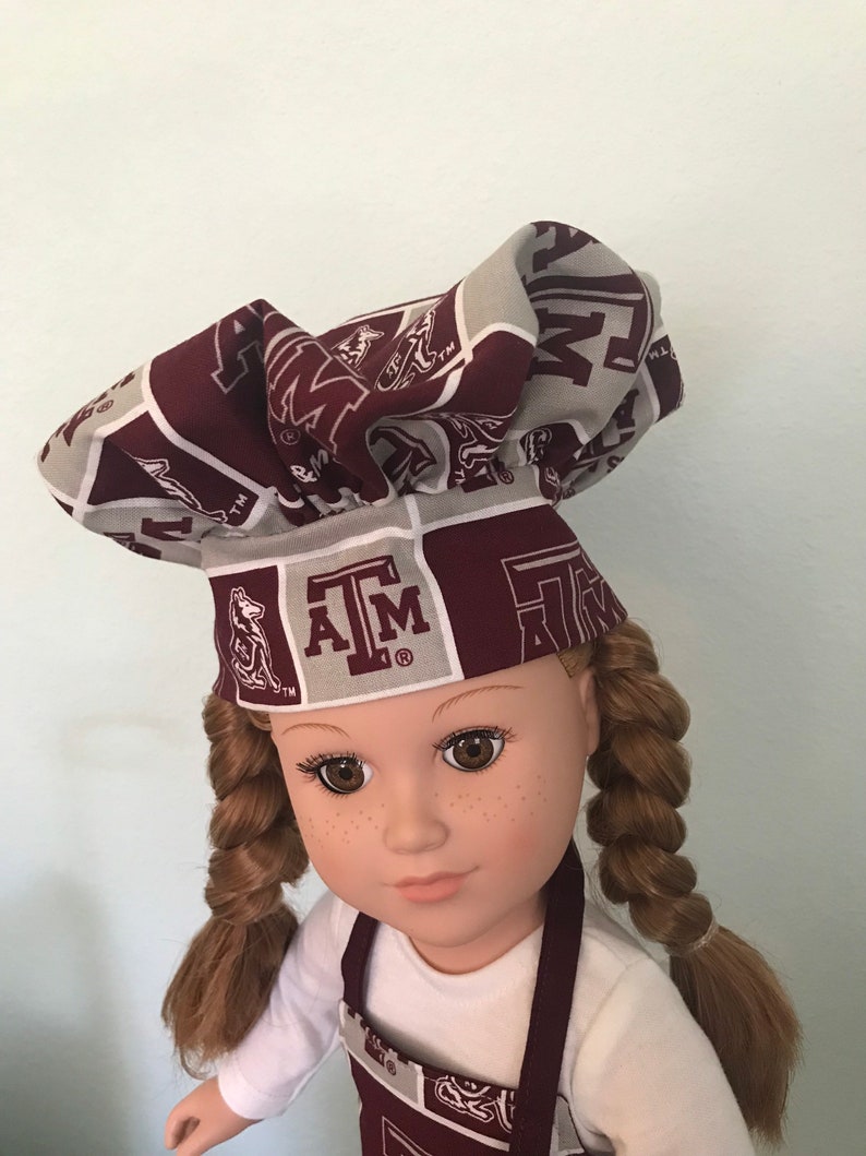 2-piece Chef Set: Texas A&M University Apron and Chef Hat 18 Doll American Girl or equivalent TAMU Matching hat