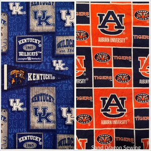 May include: A blue and white fabric with the Kentucky Wildcats logo and the text "Kentucky Wildcats" and "Lexington Kentucky". A blue and orange fabric with the Auburn Tigers logo and the text "Auburn University" and "Tigers".
