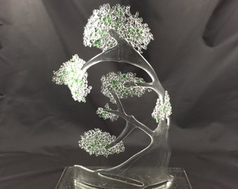 Art Glass Bonzai Tree by Uneek Glass Fusions. Glass Tree in Clear with Green Sprinkles Fused Glass. Handmade Fine Art Glass Sculptures