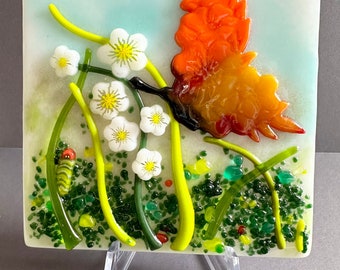 Spring Life 1 Table Top Art in Textured Art Glass. Handcrafted by Uneek Glass Fusions