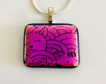 Pink Sleeping Kitty Necklace. Fused Glass Etched Pendant by Uneek Glass Fusions