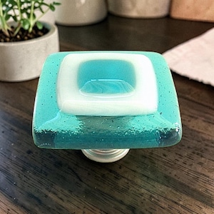 Aqua Blue Glass Knob. Aqua and White Kitchen Cabinet Knobs, Bathroom Vanity Knobs, or Furniture Knobs. Artisan Knobs Uneek Glass Fusions.