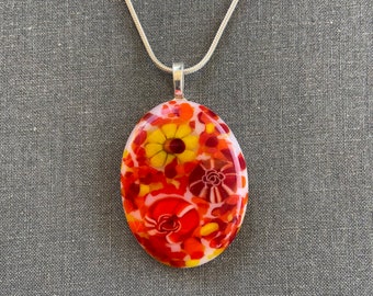 Garden Party Fused Glass Pendant Necklace. Red Flowers Art Glass Murrini Jewelry by Uneek Glass Fusions.