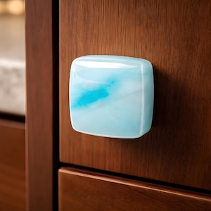 Coastal Blue Wisps Art Glass Knob by Uneek Glass Fusions. Beach Kitchen Cabinet Knobs or Vanity Handles. Upgrade your Cabinet Knobs Pulls