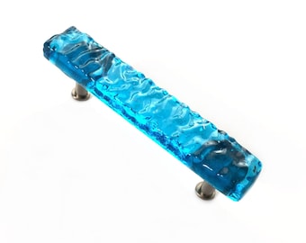 Beachy Pull or Handle in Ocean Wave Deep Turquoise Art Glass. Nautical Bathrom or Kitchen Decor.