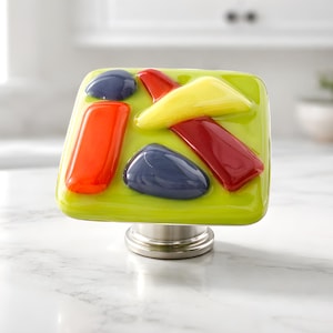 Lime Green Fun and Funky Fused Glass Cabinet Knob Hardware. Art Glass Drops of Fun Colors on this Lime Green Knob. Dresser Drawer Knob