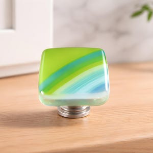 Green Glass Knobs with Turquoise and Green Swirls Fused Art Glass. Unique Artisan Decoration Hardware for Kitchen or Bathroom Designs.