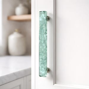 Seafoam Wave Pull in Opaque Design. Beachy Fused Glass Kitchen Cabinet Hardware Knob and Pulls in Coastal Theme. Custom Screw Placement Size