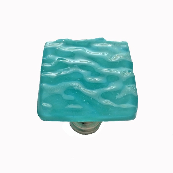 Turquoise Wave Glass Cabinet Knob in Textured Opaque Art Glass.  Beachy fused glass cabinet hardware for kitchen, bath, or furniture.